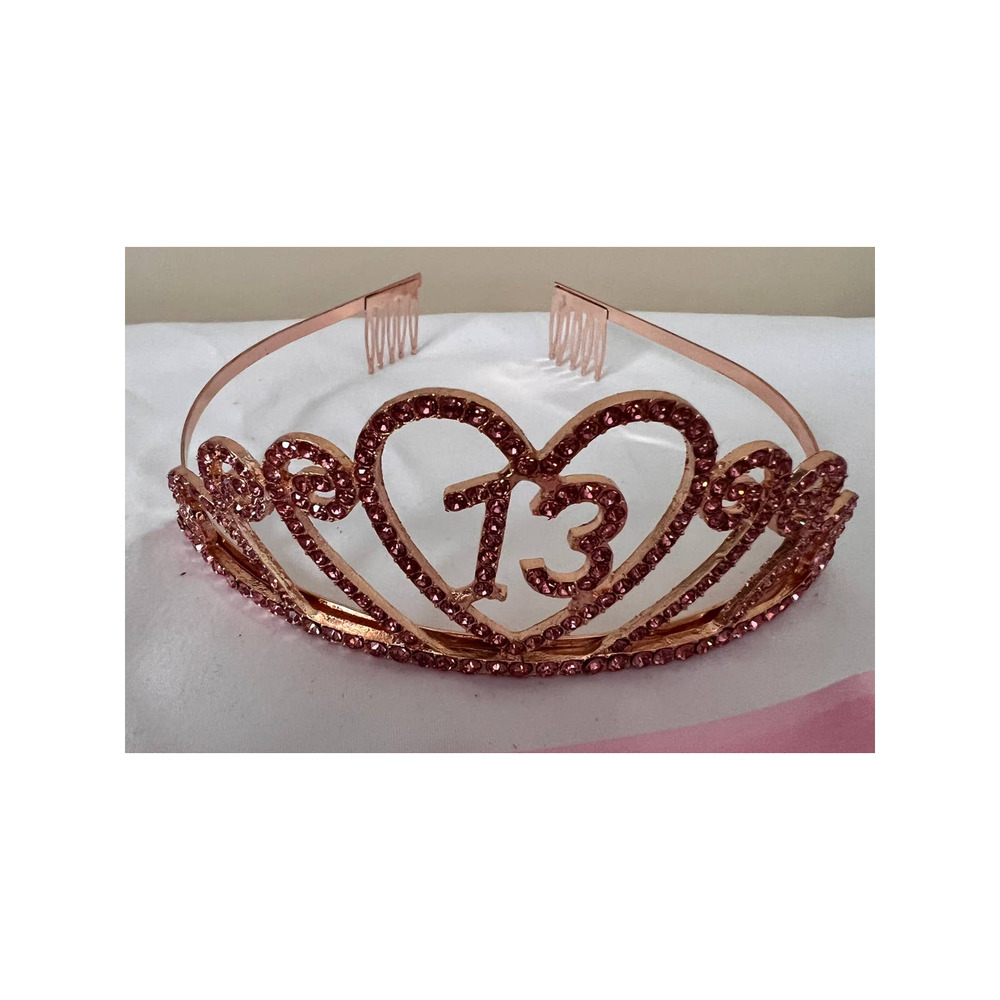 13 Official Teenager Rose Gold Tiara and Pink Sash with Rose Gold Print Sash 31"